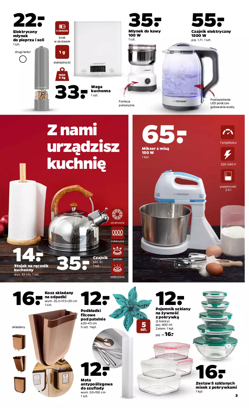 Gazetka promocyjna Netto - Twoja Kuchnia w dobrym smaku - ważna 08.03 do 13.03.2021 - strona 3 - produkty: Czajnik, Czajnik elektryczny, Kosz, Mikser, Mikser z misą, Młynek, Młynek do kawy, Pieprz, Podkład, Pojemnik, Pojemnik szklany, Ręcznik, Ręcznik kuchenny, Ser, Stojak, Waga