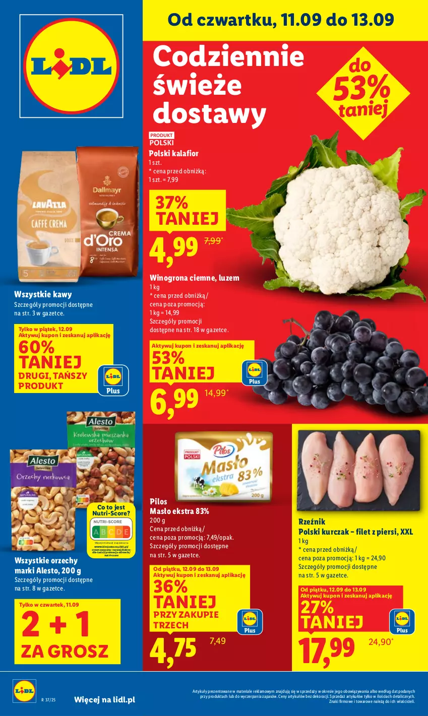 Gazetka promocyjna Lidl - GAZETKA - ważna 11.09 do 13.09.2025 - strona 1 - produkty: Kalafior, Kurczak, Masło, Pilos, Wazon, Wino, Winogrona