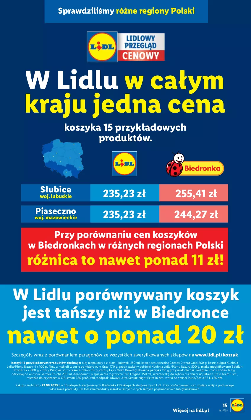 Gazetka promocyjna Lidl - GAZETKA - ważna 11.09 do 13.09.2025 - strona 15 - produkty: Always, Always Ultra, Aquafresh, BEBILON, BIC, Bulgur, Chipsy, Cif, Dezodorant, Dron, Dzieci, Fructis, Garnier, Gin, Gra, Graal, Grill, Groch, Jacobs, Kosz, Kuchnia, Kujawski, Lay’s, LG, Mleczko, Mleko, Mleko modyfikowane, Olej, Olej rzepakowy, Papryka, Pedigree, Podpaski, Por, Pringles, Przysmak dla psa, Pur, Rama, Sos, Str8, Worki na śmiec, Worki na śmieci