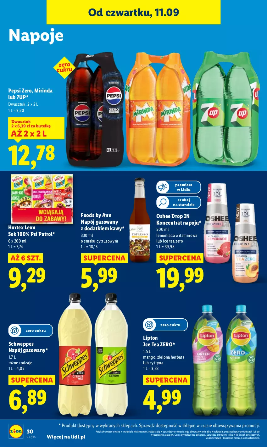 Gazetka promocyjna Lidl - GAZETKA - ważna 11.09 do 13.09.2025 - strona 32 - produkty: 7up, Herbata, Hortex, Ice tea, Lemoniada, Leon, Lipton, Mango, Mirinda, Napój, Napój gazowany, Napoje, Oshee, Pepsi, Psi Patrol, Schweppes, Sok
