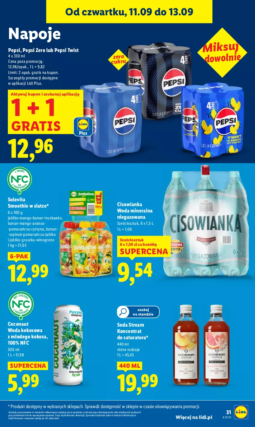 Gazetka promocyjna Lidl - GAZETKA - ważna 11.09 do 13.09.2025 - strona 33 - produkty: Ananas, Cisowianka, Gra, Kokos, Mango, Napoje, Pepsi, Smoothie, Szpinak, Wino, Woda, Woda mineralna