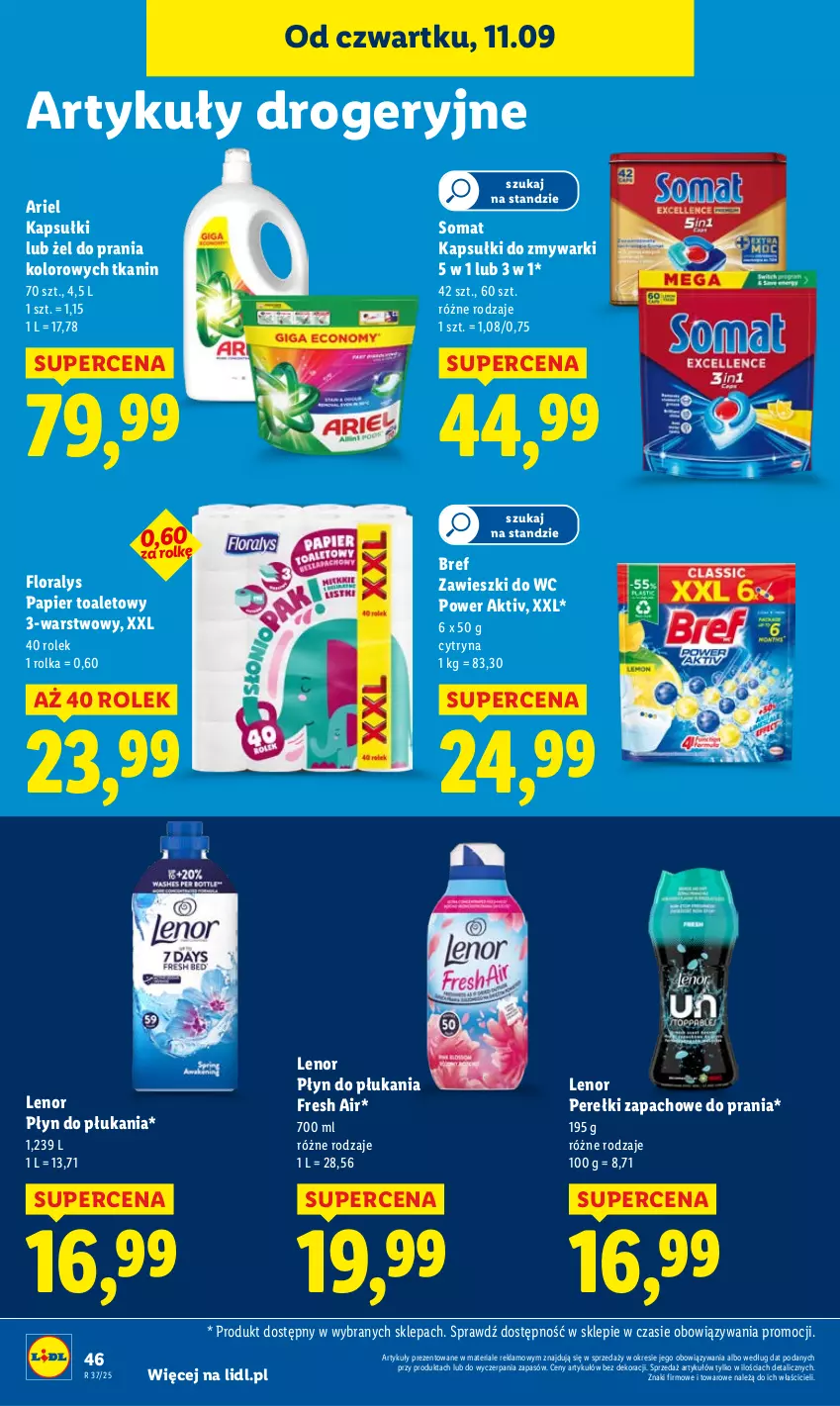 Gazetka promocyjna Lidl - GAZETKA - ważna 11.09 do 13.09.2025 - strona 52 - produkty: Ariel, Bref, Flora, Lenor, Papier, Papier toaletowy, Perełki zapachowe, Płyn do płukania, Somat, Zawieszki, Zmywarki
