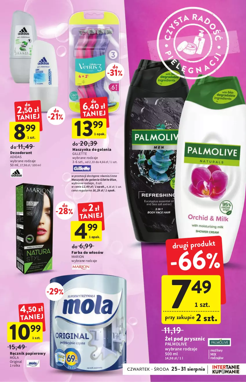 Gazetka promocyjna Intermarche - Gazetka Intermarche - ważna 25.08 do 31.08.2022 - strona 35 - produkty: Adidas, Dezodorant, Fa, Farba do włosów, Gillette, Gin, Maszynka, Maszynka do golenia, Mola, Palmolive, Papier, Ręcznik, Szynka