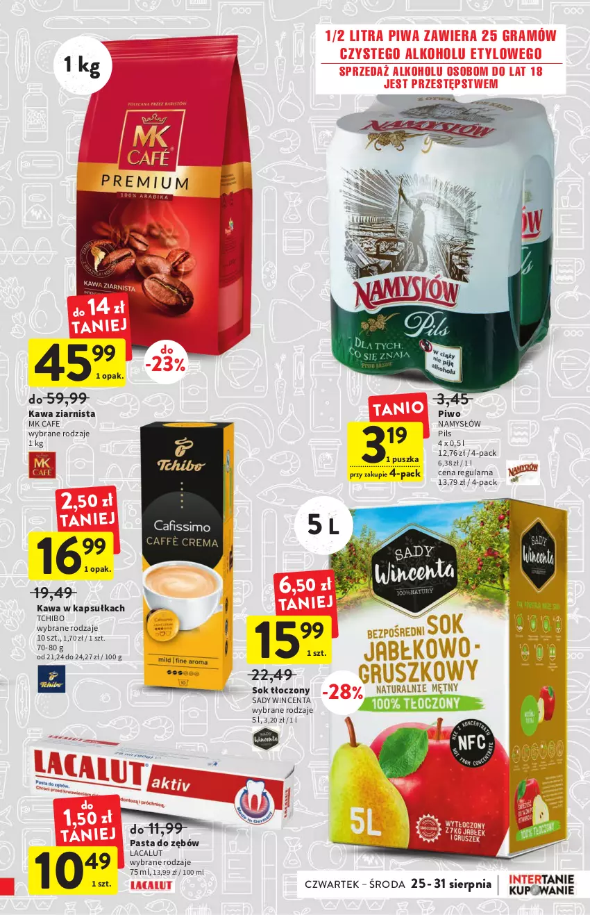 Gazetka promocyjna Intermarche - Gazetka Intermarche - ważna 25.08 do 31.08.2022 - strona 9 - produkty: Gra, Kawa, Kawa ziarnista, Lacalut, Namysłów, Pasta do zębów, Piwa, Piwo, Sok, Tchibo