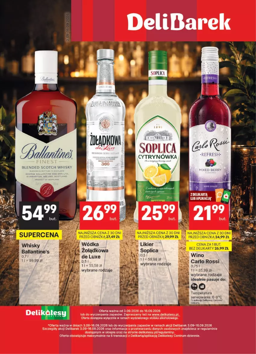 Gazetka promocyjna Delikatesy Centrum - Delibarek DC36-DC37 - ważna 03.09 do 16.09.2026 - strona 1 - produkty: Ballantine's, Carlo Rossi, Likier, Rama, Rum, Ser, Soplica, Tran, Whisky, Wino