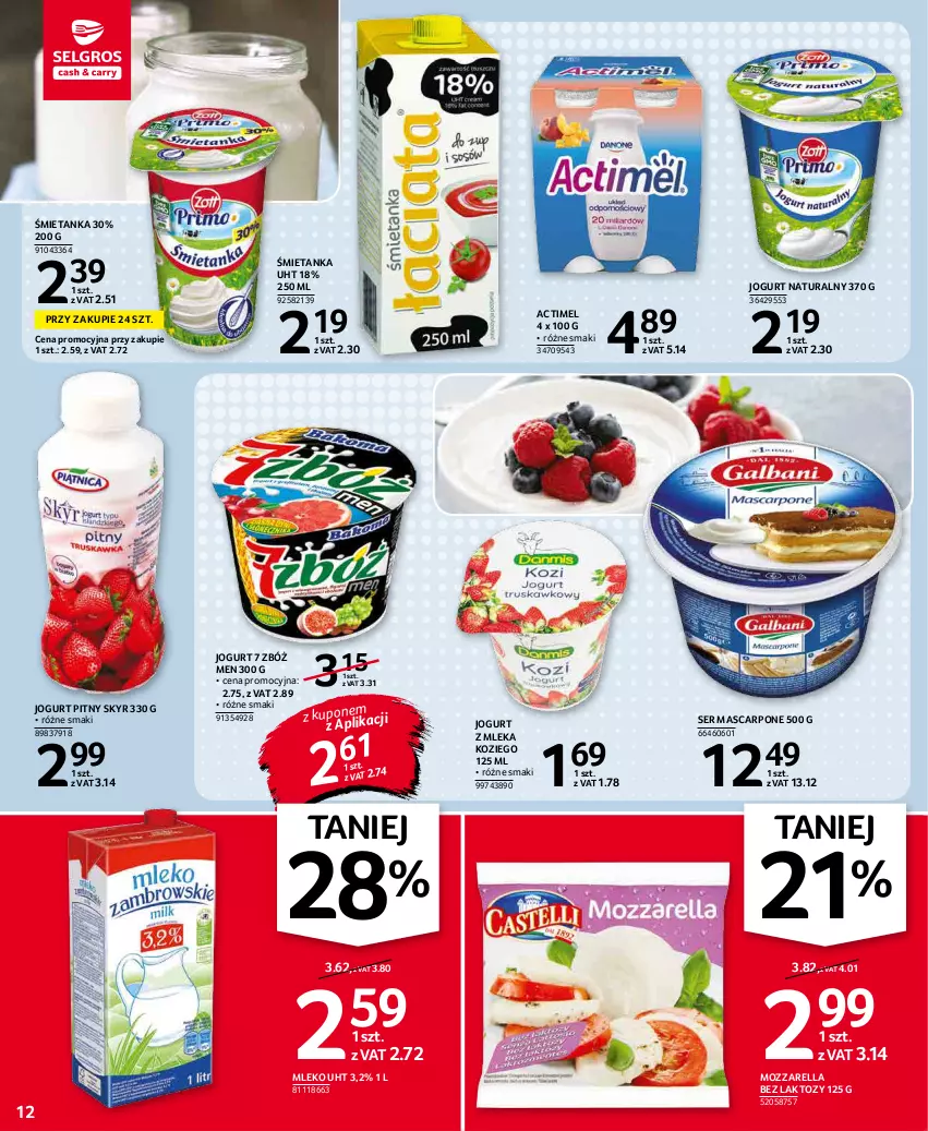 Gazetka promocyjna Selgros - Oferta spożywcza - ważna 07.01 do 19.01.2022 - strona 12 - produkty: Actimel, Jogurt, Jogurt naturalny, Jogurt pitny, Mascarpone, Mleko, Mozzarella, Ser