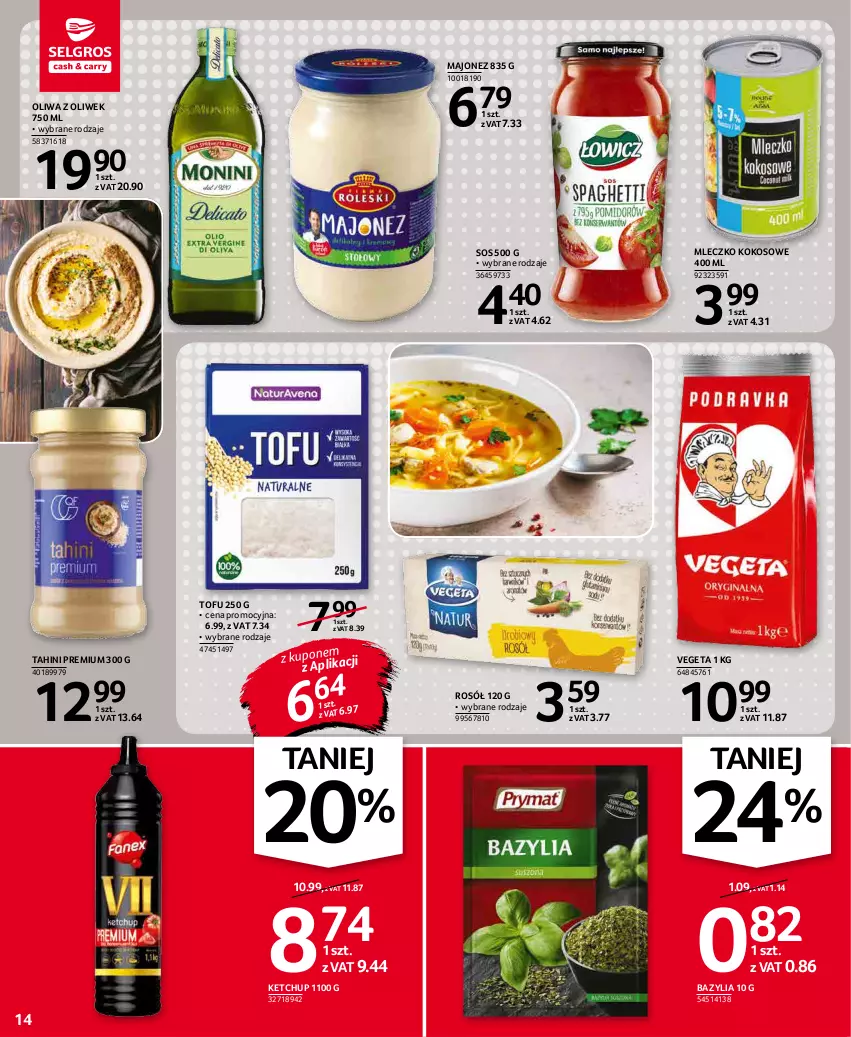 Gazetka promocyjna Selgros - Oferta spożywcza - ważna 07.01 do 19.01.2022 - strona 14 - produkty: Bazyl, Bazylia, Ketchup, Kokos, Majonez, Mleczko, Oliwa z oliwek, Rosół, Sos, Tofu, Vegeta