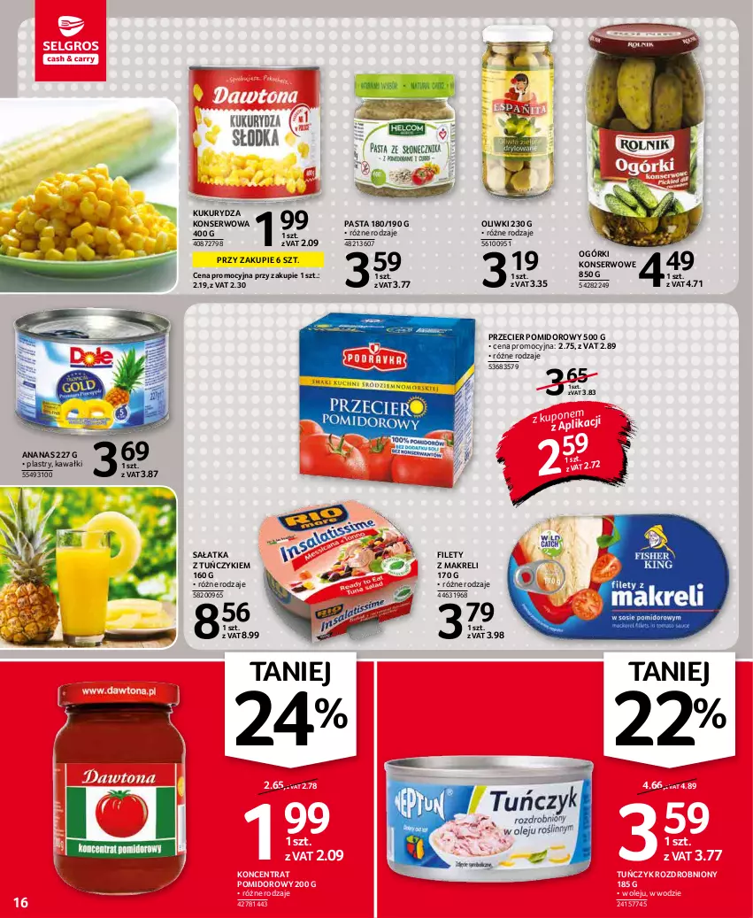 Gazetka promocyjna Selgros - Oferta spożywcza - ważna 07.01 do 19.01.2022 - strona 16 - produkty: Ananas, Kawa, Koncentrat pomidorowy, Kukurydza, Kukurydza konserwowa, Ogórki konserwowe, Olej, Oliwki, Sałat, Sałatka, Ser, Tuńczyk