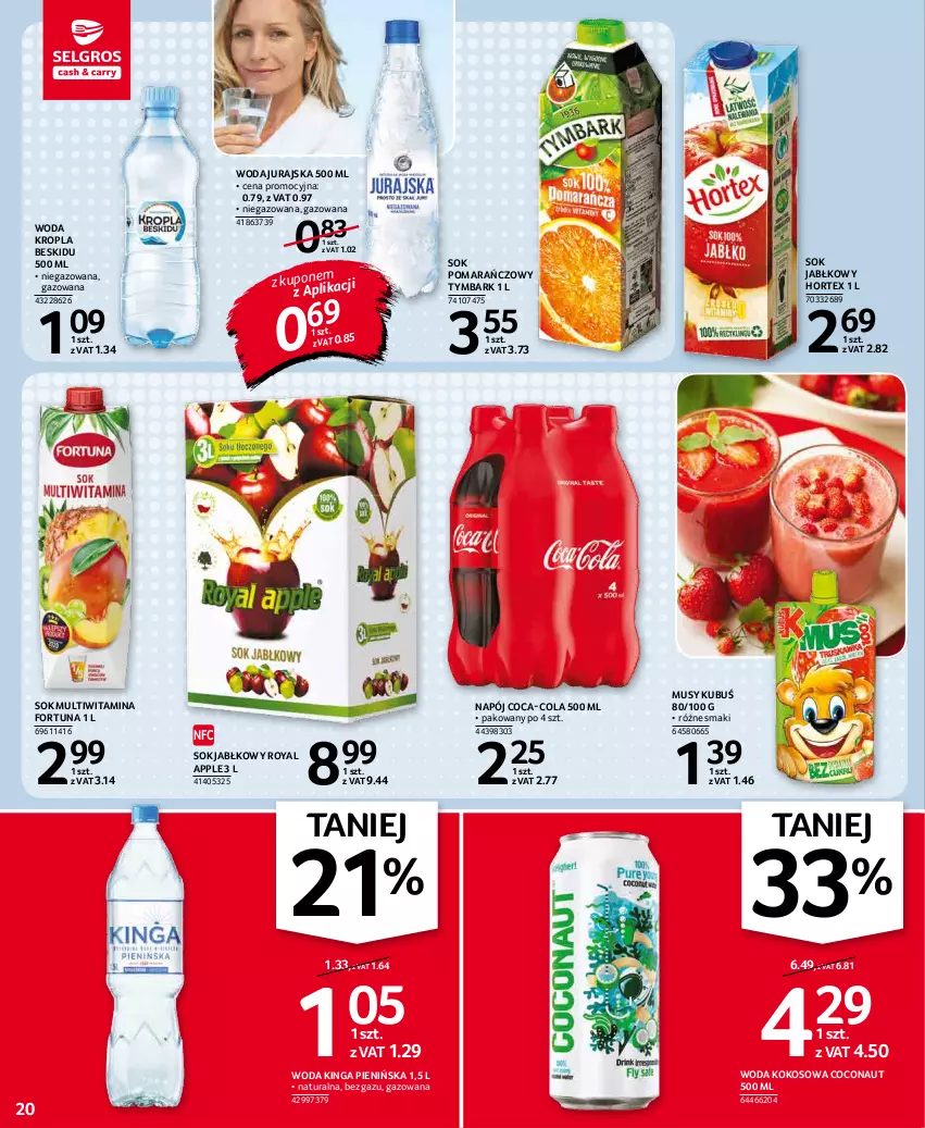 Gazetka promocyjna Selgros - Oferta spożywcza - ważna 07.01 do 19.01.2022 - strona 20 - produkty: Coca-Cola, Fortuna, Hortex, Kokos, Kubuś, Mus, Napój, Sok, Sok jabłkowy, Sok pomarańczowy, Tymbark, Woda