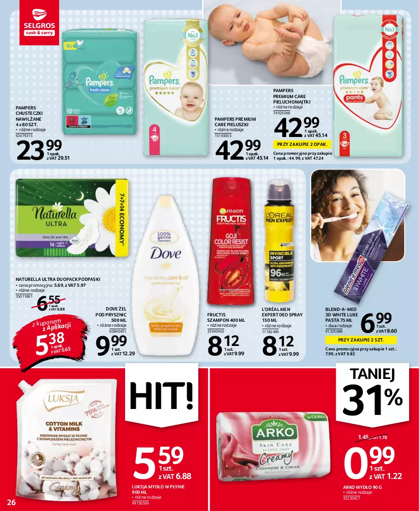 Gazetka promocyjna Selgros - Oferta spożywcza - ważna 07.01 do 19.01.2022 - strona 26 - produkty: Blend-a-Med, Chusteczki, Dove, Fructis, L’Oréal, Luksja, Majtki, Mydło, Mydło w płynie, Naturell, Naturella, Pampers, Pieluchomajtki, Podpaski, Szampon