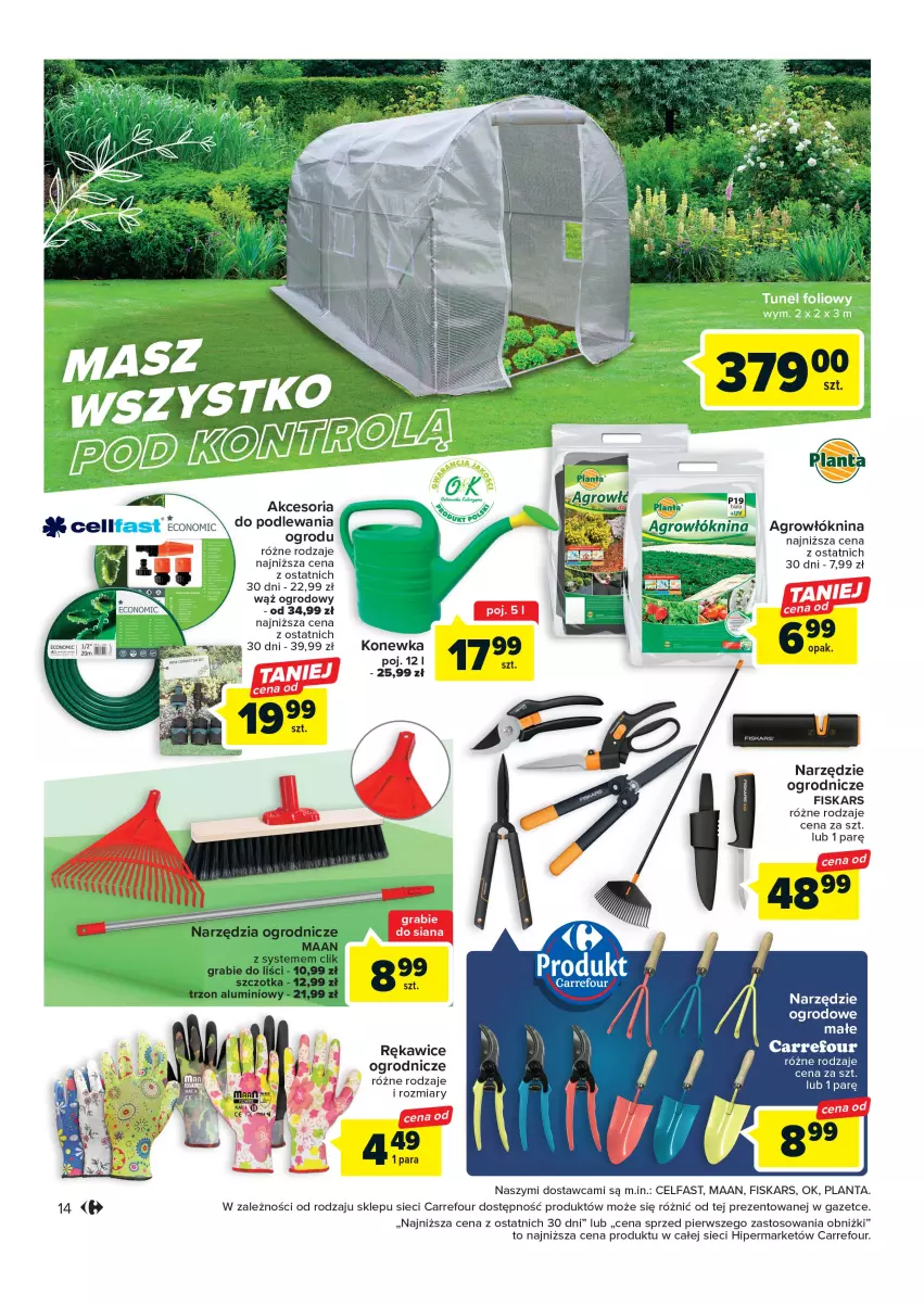 Gazetka promocyjna Carrefour - Gazetka Relaks w ogrodzie - ważna 14.03 do 08.04.2023 - strona 14 - produkty: Fa, Fiskars, Gra, Konewka, Rękawice, Szczotka