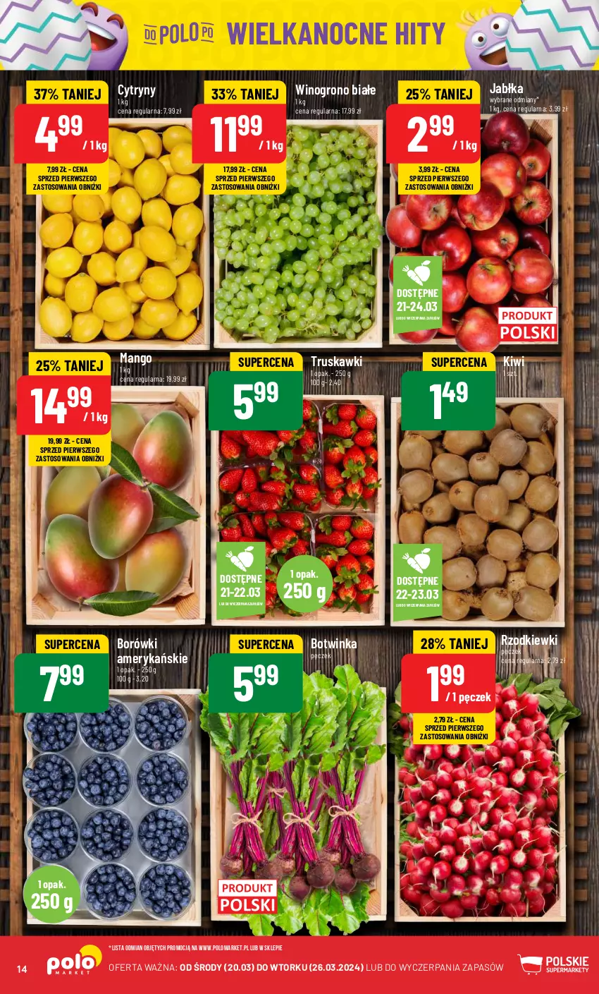 Gazetka promocyjna PoloMarket - Gazetka pomocyjna - ważna 20.03 do 26.03.2024 - strona 14 - produkty: Cytryny, Inka, Jabłka, Kiwi, Mango, Truskawki, Wino