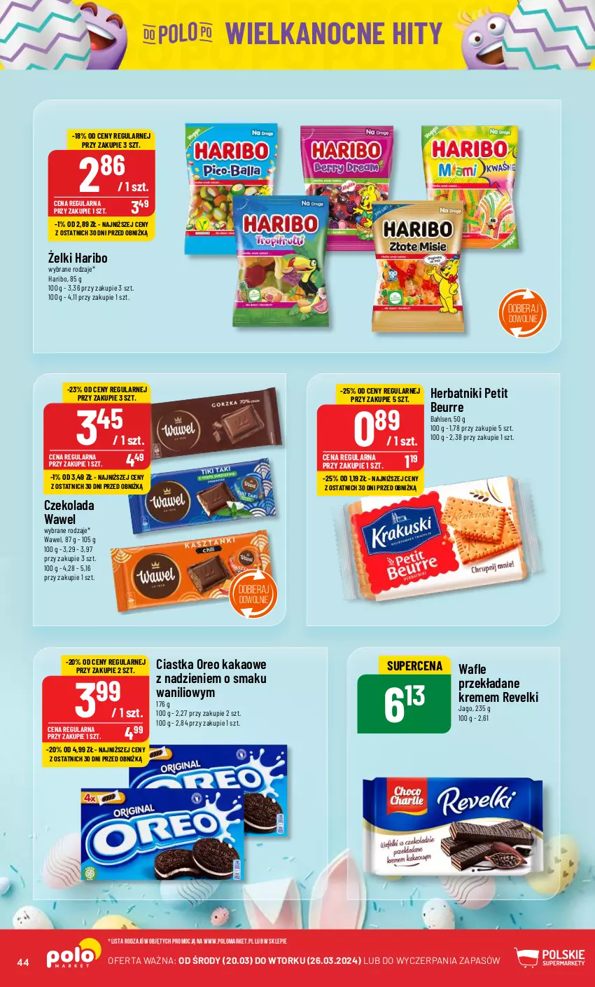 Gazetka promocyjna PoloMarket - Gazetka pomocyjna - ważna 20.03 do 26.03.2024 - strona 44 - produkty: Ciastka, Czekolada, Haribo, Herbatniki, Herbatniki Petit Beurre, Kakao, Oreo, Wafle, Wawel