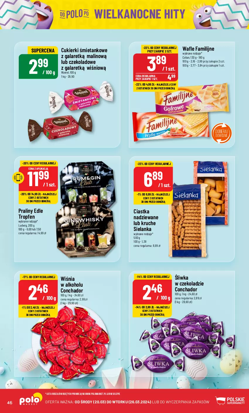 Gazetka promocyjna PoloMarket - Gazetka pomocyjna - ważna 20.03 do 26.03.2024 - strona 46 - produkty: Ciastka, Cukier, Cukierki, Fa, Gala, Praliny, Wafle, Wawel