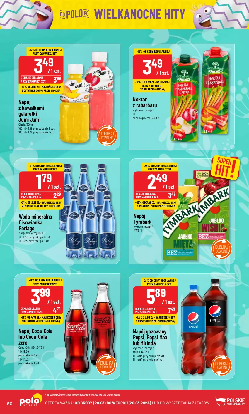 Gazetka promocyjna PoloMarket - Gazetka pomocyjna - ważna 20.03 do 26.03.2024 - strona 50 - produkty: Cisowianka, Coca-Cola, Gala, Galaretki, Kawa, Mirinda, Napój, Napój gazowany, Nektar, Pepsi, Pepsi max, Tymbark, Woda, Woda mineralna