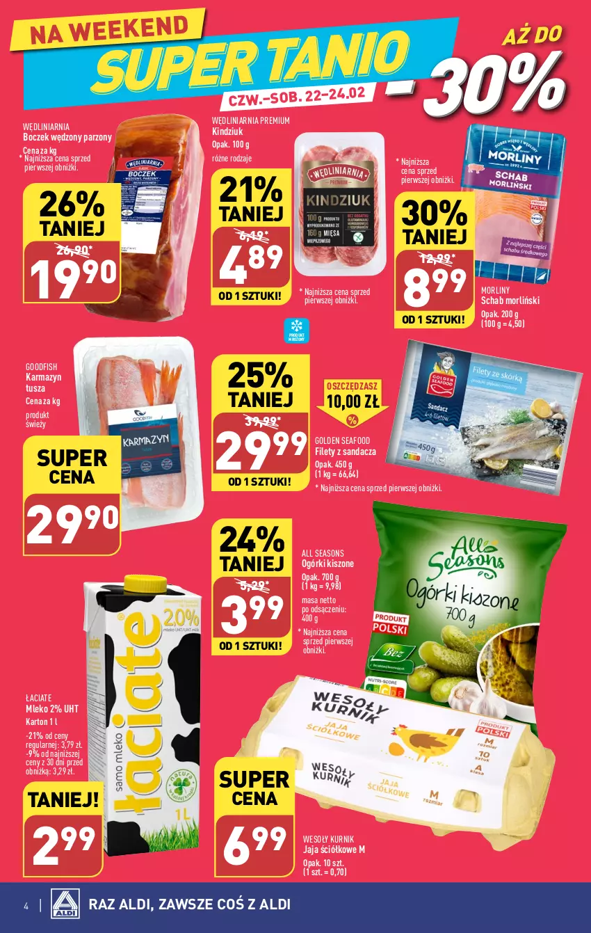 Gazetka promocyjna Aldi - COŚ na weekend - ważna 22.02 do 24.02.2024 - strona 4 - produkty: All Seasons, Boczek, Golden Seafood, Jaja, Karmazyn tusza, Kindziuk, Mleko, Morliny, Sandacz, Tusz