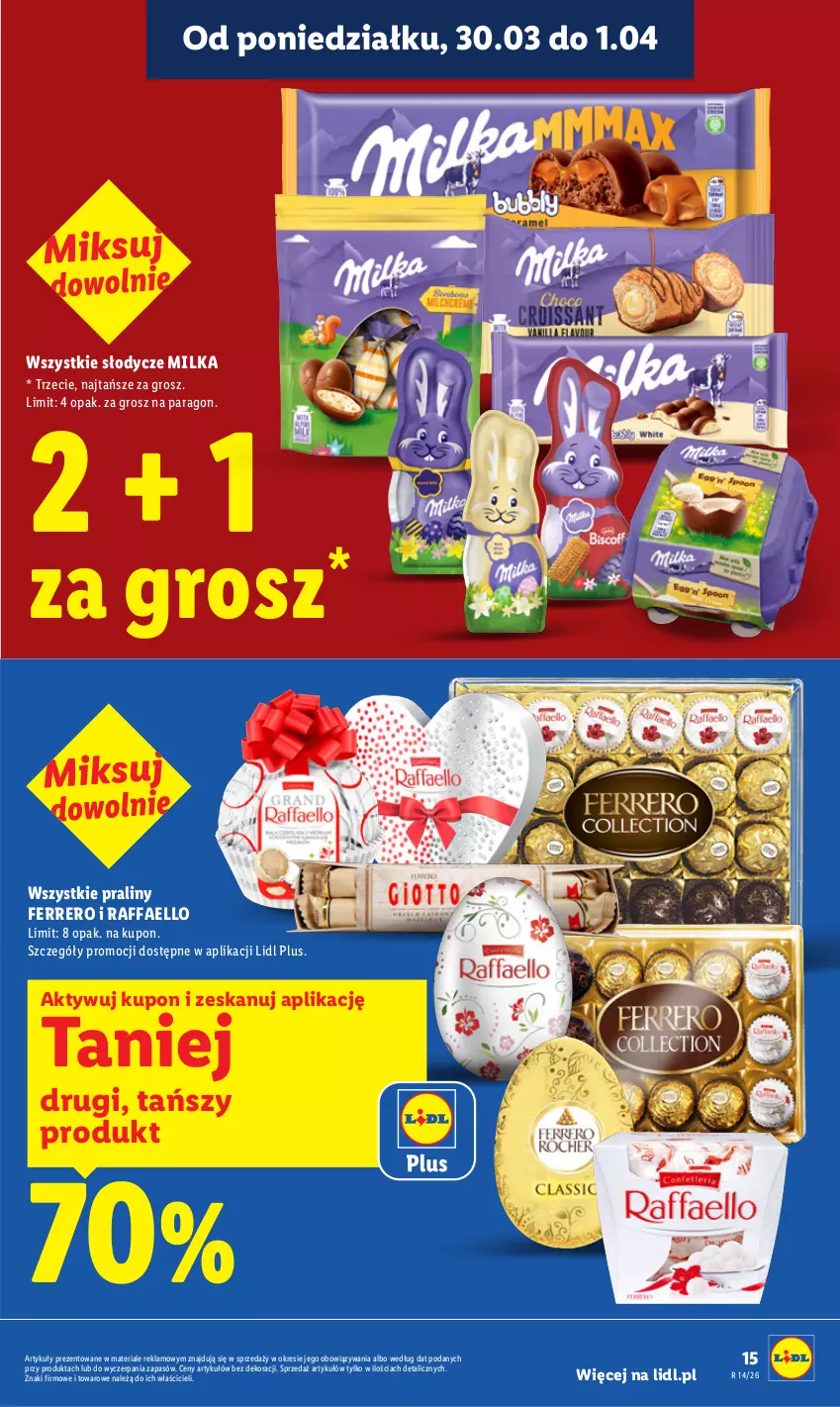 Gazetka promocyjna Lidl - Gazetka ważna od 30.03 do 1.04 - ważna 30.03 do 01.04.2026 - strona 15 - produkty: Fa, Ferrero, Milka, Praliny, Raffaello