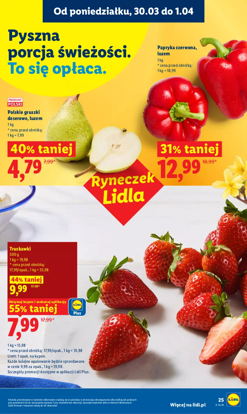 Gazetka promocyjna Lidl - Gazetka ważna od 30.03 do 1.04 - ważna 30.03 do 01.04.2026 - strona 25 - produkty: Deser, Gruszki, Olej, Papryka, Papryka czerwona, Por, Ser, Truskawki