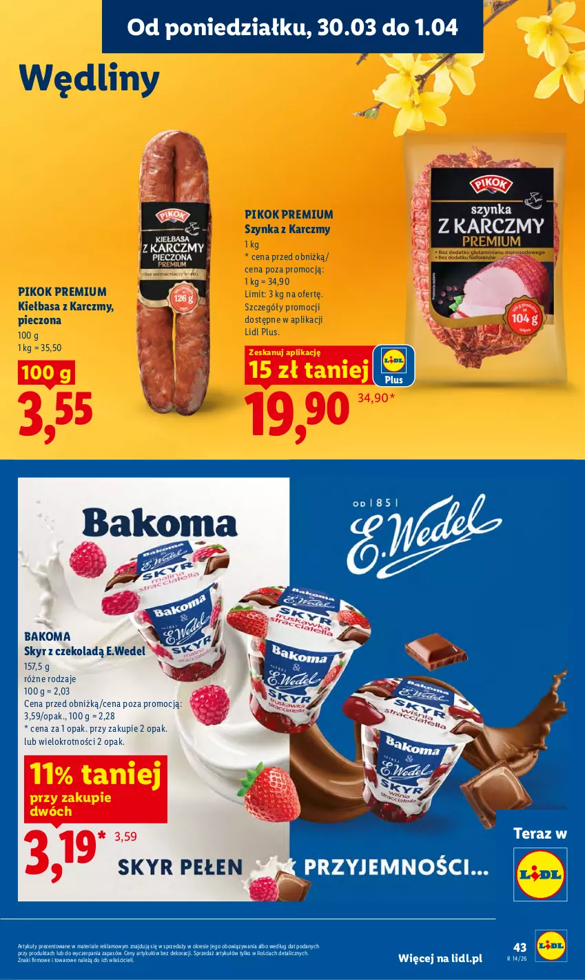 Gazetka promocyjna Lidl - Gazetka ważna od 30.03 do 1.04 - ważna 30.03 do 01.04.2026 - strona 43 - produkty: Bakoma, Kiełbasa, Piec, PIKOK, Szynka, Tera