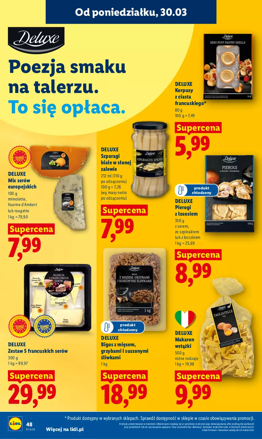 Gazetka promocyjna Lidl - Gazetka ważna od 30.03 do 1.04 - ważna 30.03 do 01.04.2026 - strona 48 - produkty: Bigos, Korpusy, Makaron, Mimolette, Pierogi, Ser, Sos, Szpinak, Talerz