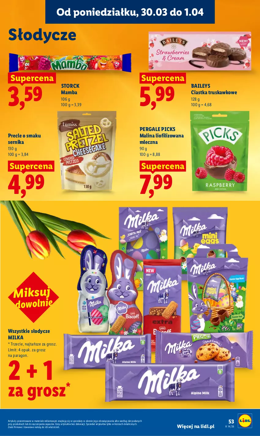 Gazetka promocyjna Lidl - Gazetka ważna od 30.03 do 1.04 - ważna 30.03 do 01.04.2026 - strona 53 - produkty: Ciastka, Mamba, Milka, Precle, Ser