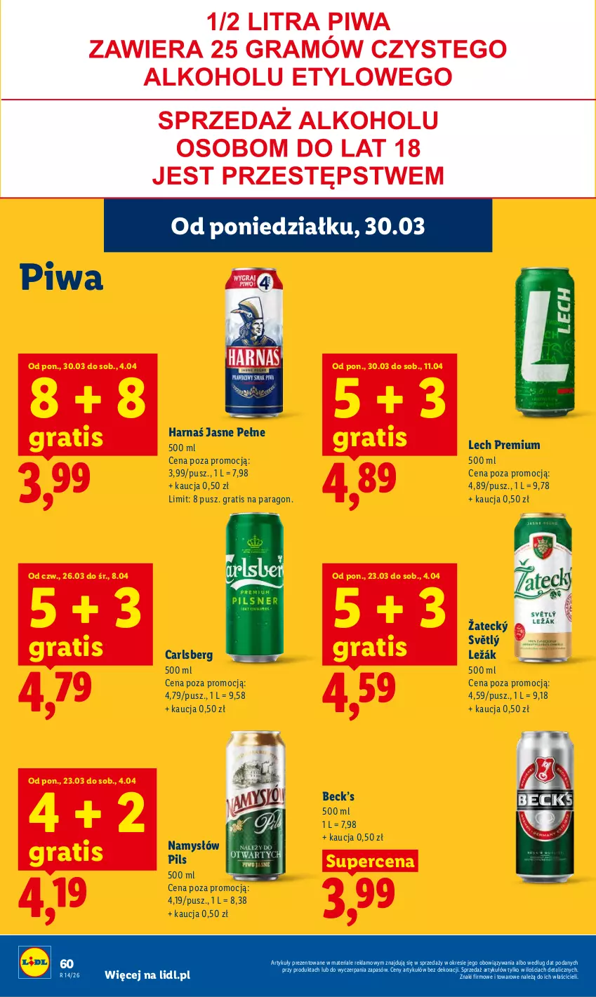 Gazetka promocyjna Lidl - Gazetka ważna od 30.03 do 1.04 - ważna 30.03 do 01.04.2026 - strona 60 - produkty: Carlsberg, Gra, Harnaś, Lech Premium, Namysłów, Piwa