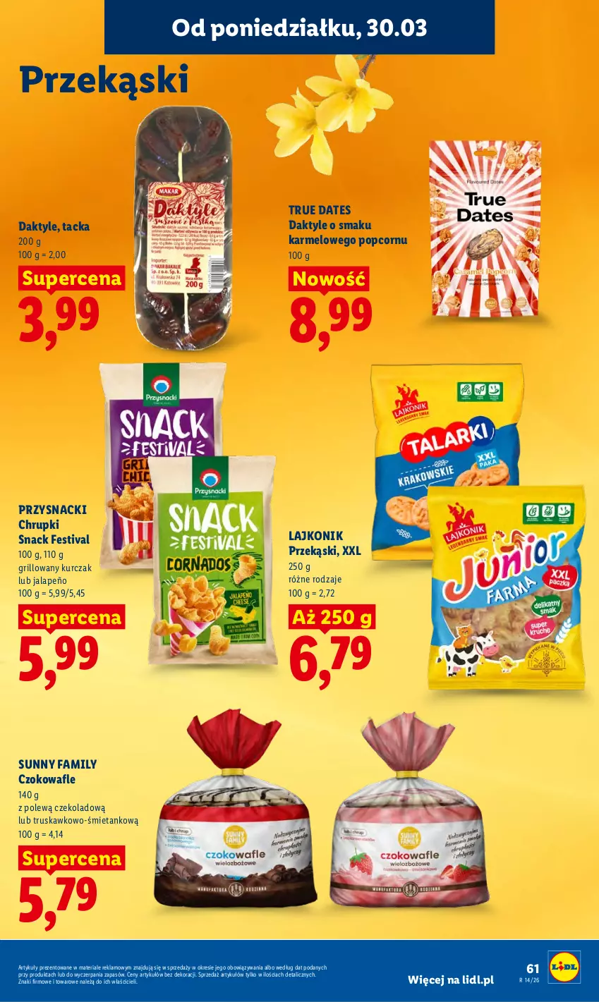 Gazetka promocyjna Lidl - Gazetka ważna od 30.03 do 1.04 - ważna 30.03 do 01.04.2026 - strona 61 - produkty: Chrupki, Daktyle, Fa, Grill, Kurczak, Lajkonik, Popcorn, Przysnacki, Wafle