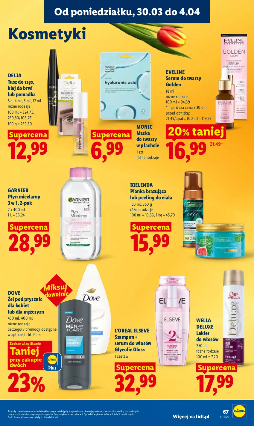 Gazetka promocyjna Lidl - Gazetka ważna od 30.03 do 1.04 - ważna 30.03 do 01.04.2026 - strona 67 - produkty: Bielenda, Dove, Elseve, Eveline, Garnier, Klej, Lakier, Lakier do włosów, Maska, Maska do twarzy, Peeling, Płyn micelarny, Rum, Ser, Serum, Serum do twarzy, Serum do włosów, Szampon, Tusz, Wella