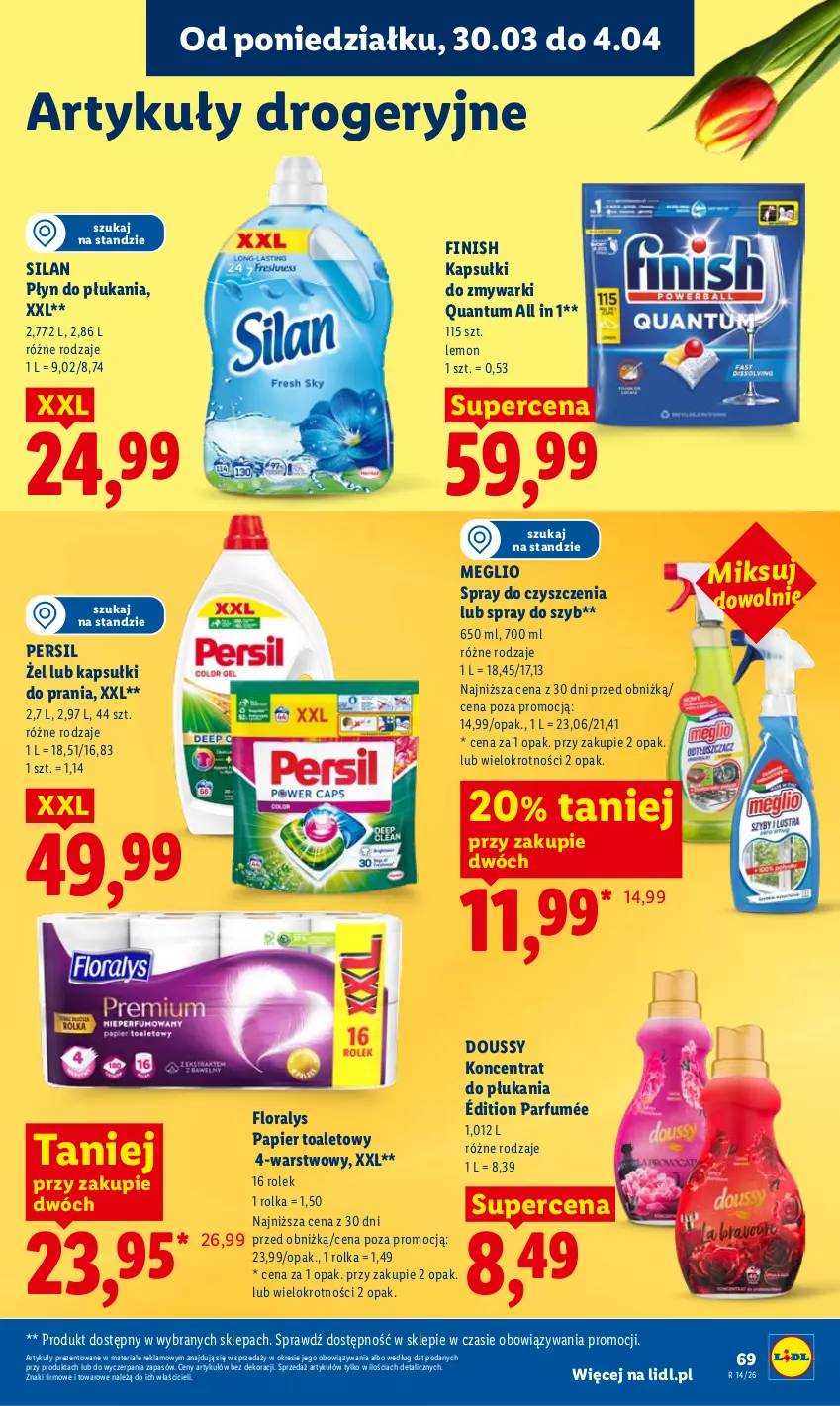 Gazetka promocyjna Lidl - Gazetka ważna od 30.03 do 1.04 - ważna 30.03 do 01.04.2026 - strona 69 - produkty: Finish, Flora, Kapsułki do prania, Papier, Papier toaletowy, Persil, Płyn do płukania, Silan, Spray do czyszczenia, Zmywarki