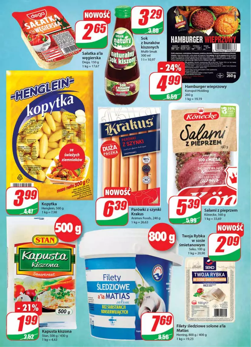 Gazetka promocyjna Dino - Gazetka - ważna 20.04 do 26.04.2022 - strona 16 - produkty: Burger, Dega, Hamburger, Krakus, Parówki, Parówki z szynki, Pieprz, Salami, Sałat, Sałatka, SEKO, Sok, Sos