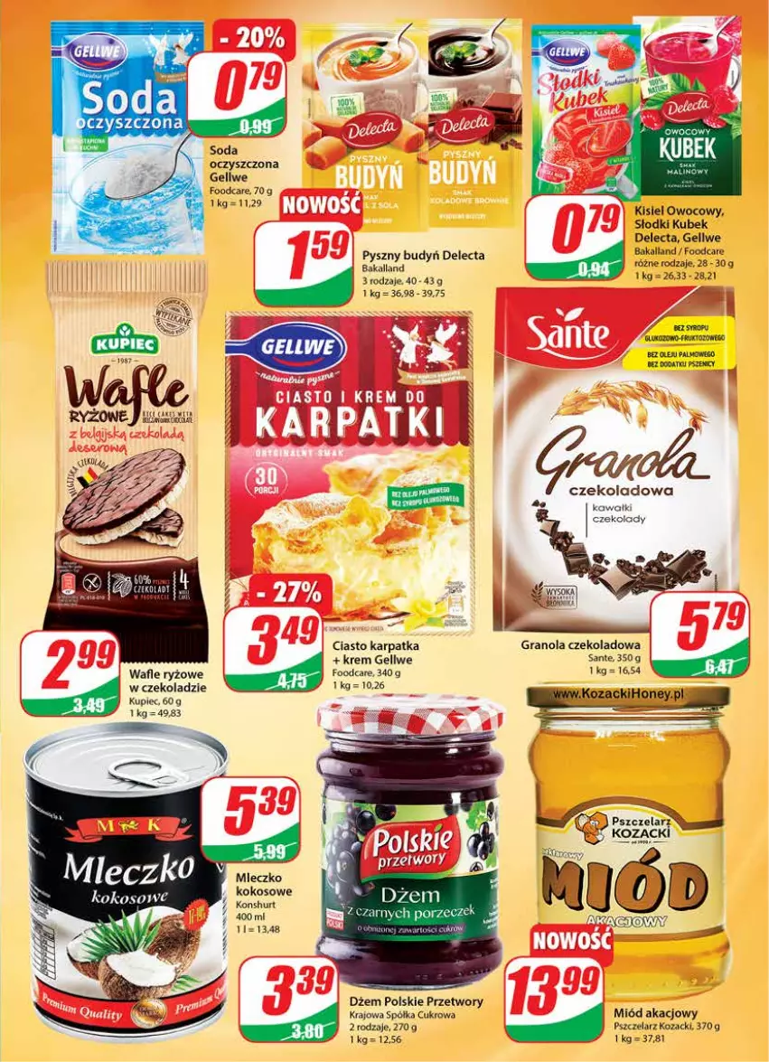 Gazetka promocyjna Dino - Gazetka - ważna 20.04 do 26.04.2022 - strona 5 - produkty: Bakalland, Budyń, Delecta, Dżem, Gra, Granola, Karp, Kawa, Kisiel, Kokos, Kubek, Kupiec, Miód, Mleczko, Odol, Piec, Półka, Ryż, Sante, Soda oczyszczona, Wafle