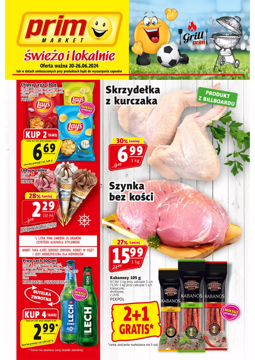 Gazetka promocyjna Prim Market - ważna 20.06 do 26.06.2024 - strona 1 - produkty: Chipsy, Fa, Kabanos, Kurczak, Lody, Pekpol, Piwo, Szynka