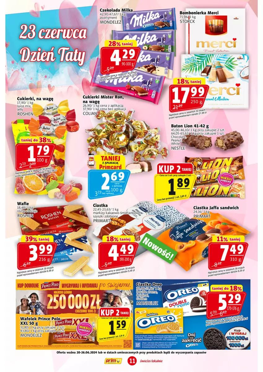 Gazetka promocyjna Prim Market - ważna 20.06 do 26.06.2024 - strona 11 - produkty: Baton, Ciastka, Cukier, Cukierki, Czekolada, Fa, Kakao, Lion, Merci, Milka, Prima, Prince Polo, Wafelek, Wafle