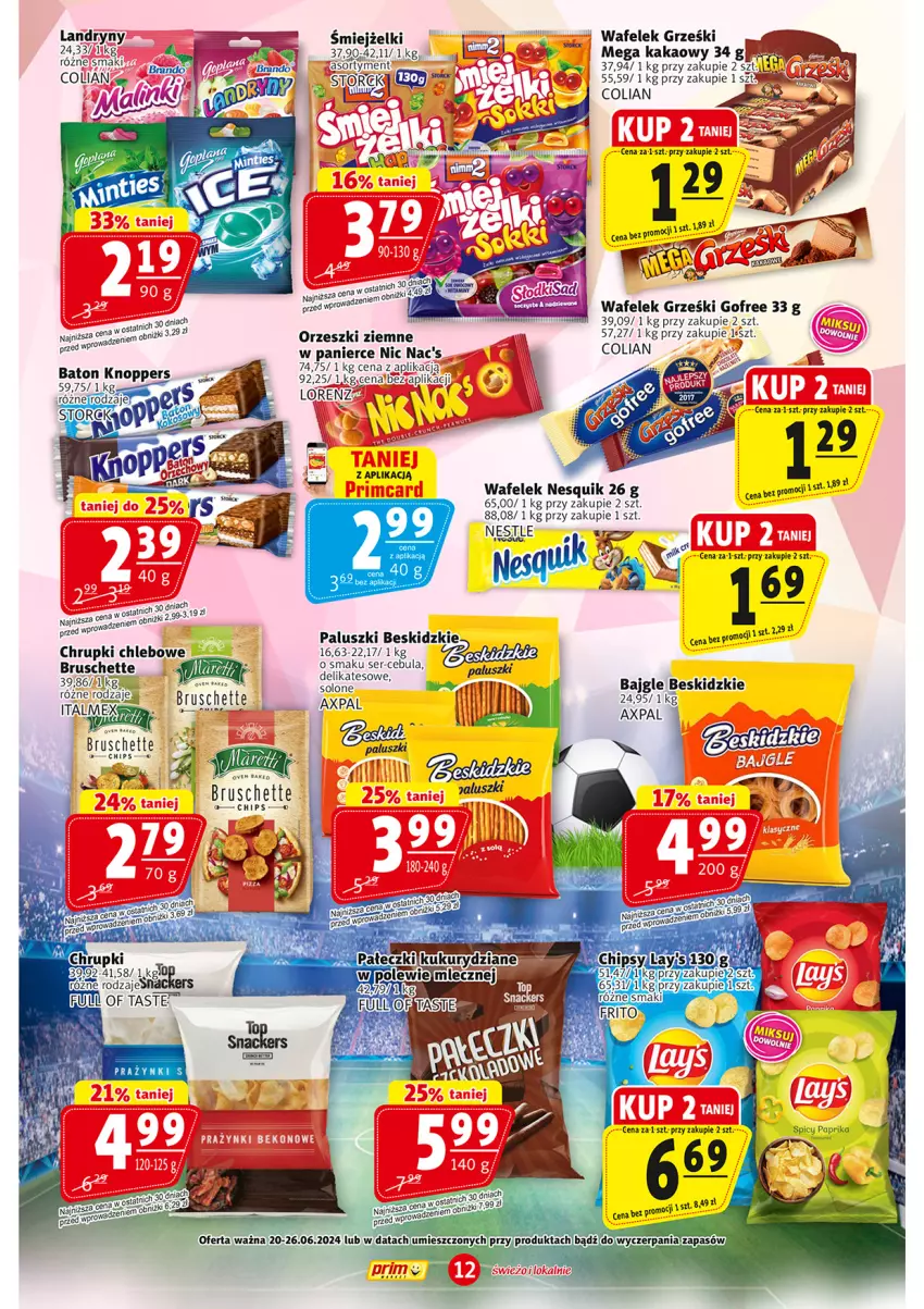 Gazetka promocyjna Prim Market - ważna 20.06 do 26.06.2024 - strona 12 - produkty: Baton, Beskidzki, Bruschette, Chleb, Chrupki, Chrupki chlebowe, Grześki, Kakao, Knoppers, Nesquik, Orzeszki, Orzeszki ziemne, Prazynki, Ser, Wafelek