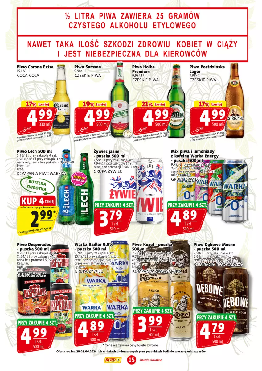 Gazetka promocyjna Prim Market - ważna 20.06 do 26.06.2024 - strona 15 - produkty: Coca-Cola, Corona Extra, Desperados, Piwa, Piwo, Radler, Rura, Warka