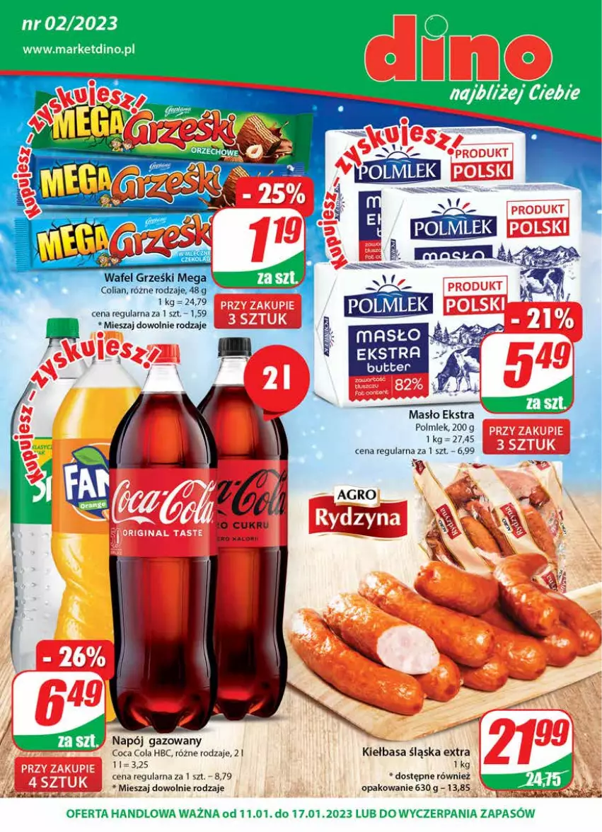 Gazetka promocyjna Dino - Gazetka - ważna 11.01 do 17.01.2023 - strona 1 - produkty: JBL, Kiełbasa, Kiełbasa śląska, Masło, Napój, Napój gazowany, POLMLEK