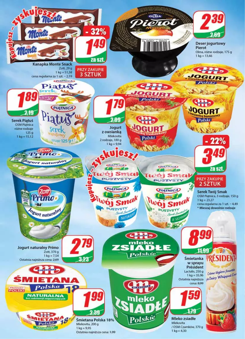 Gazetka promocyjna Dino - Gazetka - ważna 11.01 do 17.01.2023 - strona 14 - produkty: Deser, Fa, Jogurt, Jogurt naturalny, Mleko, Mleko zsiadłe, Mlekovita, Monte, Olma, Piątnica, Ser, Serek, Twój Smak, Zott