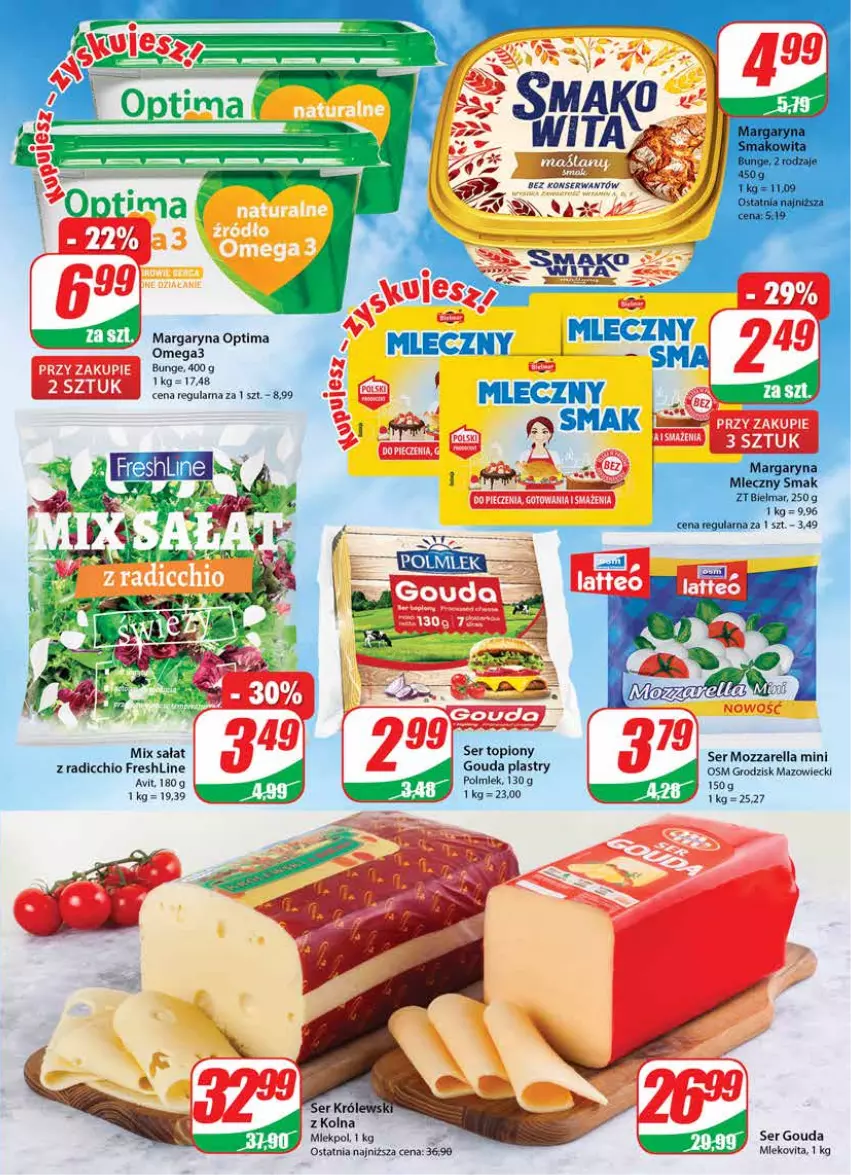 Gazetka promocyjna Dino - Gazetka - ważna 11.01 do 17.01.2023 - strona 15 - produkty: Gouda, Gouda plastry, Margaryna, Mleko, Mlekovita, Mozzarella, Optima, Polmiek, Sałat, Ser, Ser topiony, Top