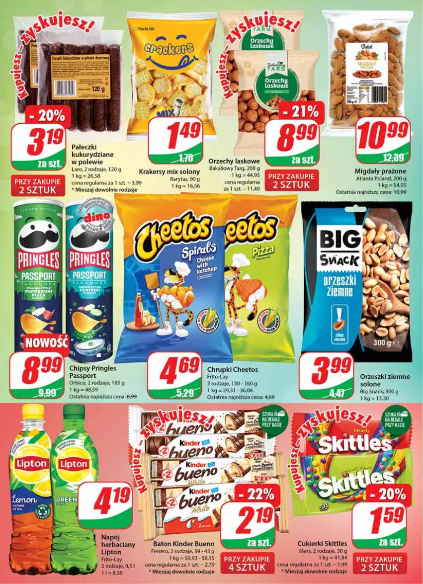 Gazetka promocyjna Dino - Gazetka - ważna 11.01 do 17.01.2023 - strona 18 - produkty: Baton, BIC, Cheetos, Chipsy, Chrupki, Cukier, Cukierki, Dron, Ferrero, Kinder, Kinder Bueno, Krakersy, Lipton, Mars, Napój, Por, Pringles, Sport