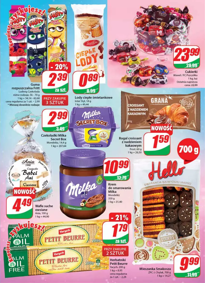 Gazetka promocyjna Dino - Gazetka - ważna 11.01 do 17.01.2023 - strona 3 - produkty: Croissant, Cukier, Cukierki, Gra, Herbatniki, Kakao, Kosz, Lody, Mieszanka smakosza, Milka, Rogal, Top, Wafle, Wawel