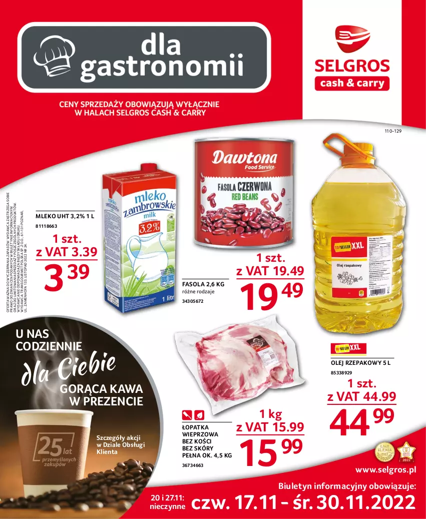 Gazetka promocyjna Selgros - Oferta gastronomiczna - ważna 17.11 do 30.11.2022 - strona 1 - produkty: Fa, Fasola, Kawa, LG, Mleko, Olej, Olej rzepakowy, Top, Tran