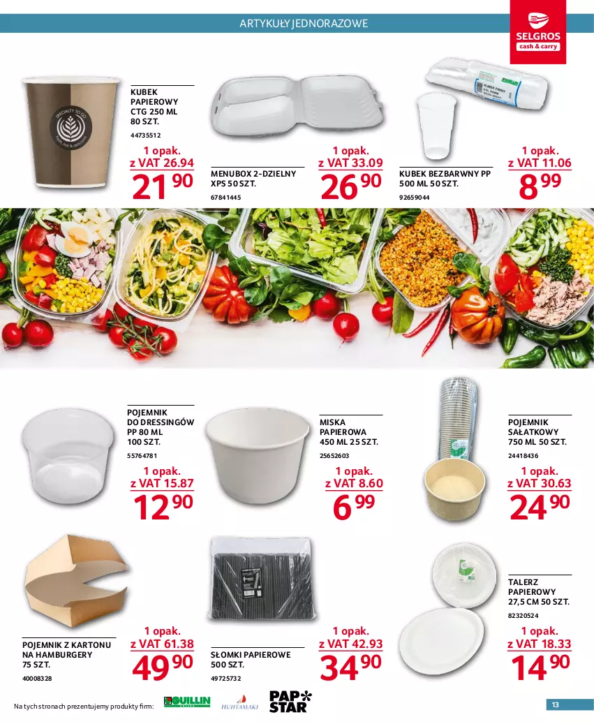 Gazetka promocyjna Selgros - Oferta gastronomiczna - ważna 17.11 do 30.11.2022 - strona 13 - produkty: Burger, Dres, Hamburger, Kubek, Kubek papierowy, Miska, Papier, Pojemnik, Sałat, Talerz, Talerz papierowy