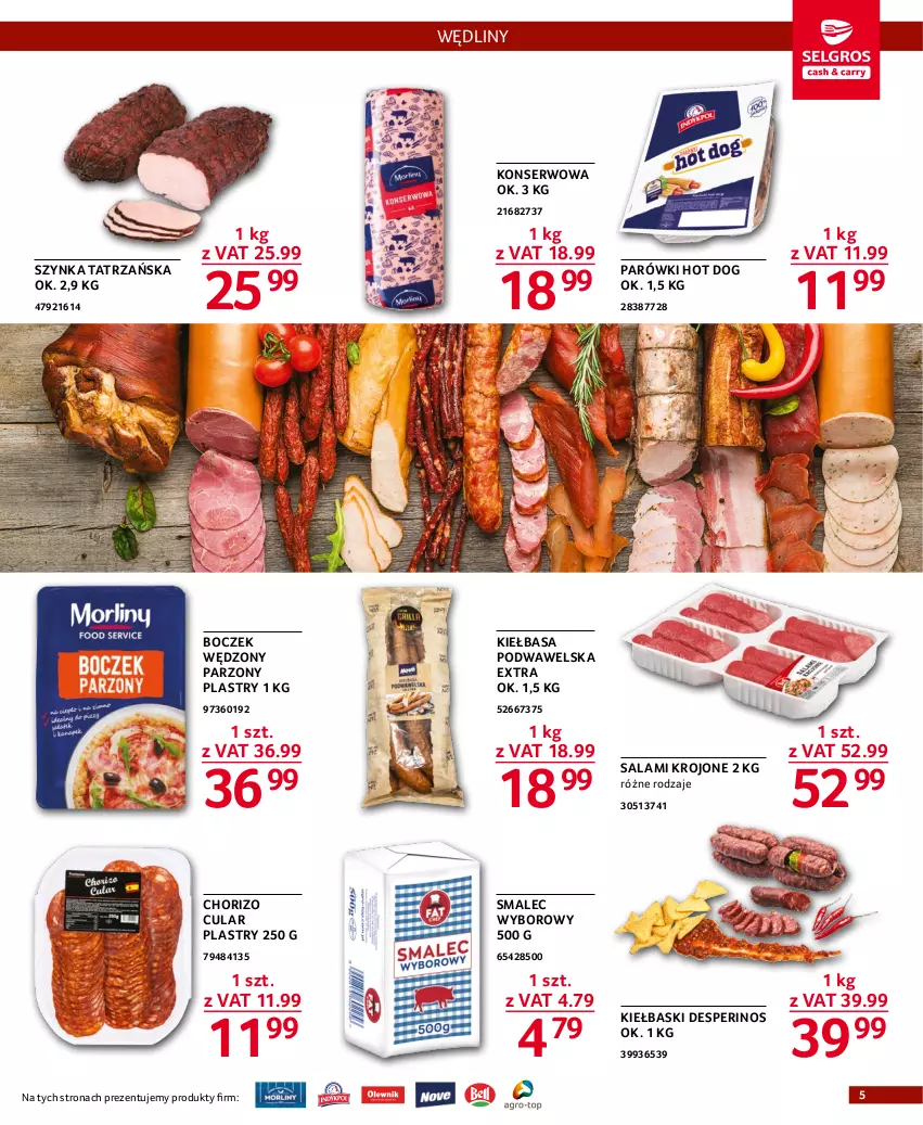 Gazetka promocyjna Selgros - Oferta gastronomiczna - ważna 17.11 do 30.11.2022 - strona 5 - produkty: Boczek, Hot dog, Kiełbasa, Kiełbasa podwawelska, Parówki, Parówki hot dog, Salami, Ser, Smalec, Szynka, Wawel