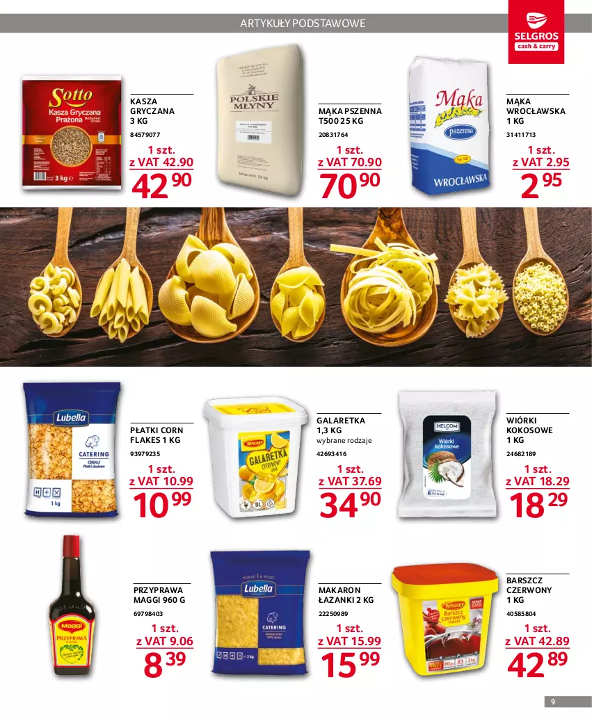 Gazetka promocyjna Selgros - Oferta gastronomiczna - ważna 17.11 do 30.11.2022 - strona 9 - produkty: Corn flakes, Gala, Galaretka, Gry, Kasza, Kasza gryczana, Kokos, Maggi, Mąka, Mąka pszenna, Makaron, Wiórki kokosowe