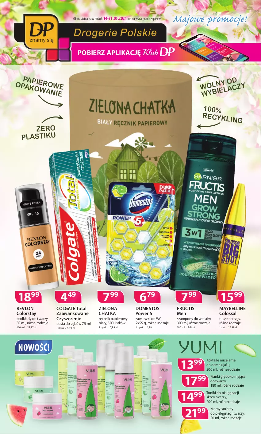 Gazetka promocyjna Drogerie Polskie - Gazetka - ważna 14.05 do 31.05.2021 - strona 1 - produkty: Bell, Colgate, Colgate Total, Domestos, Fructis, LG, Makijaż, Maybelline, Papier, Pasta do zębów, Podkład, Ręcznik, Revlon, Szampon, Tonik, Tusz, Zawieszki