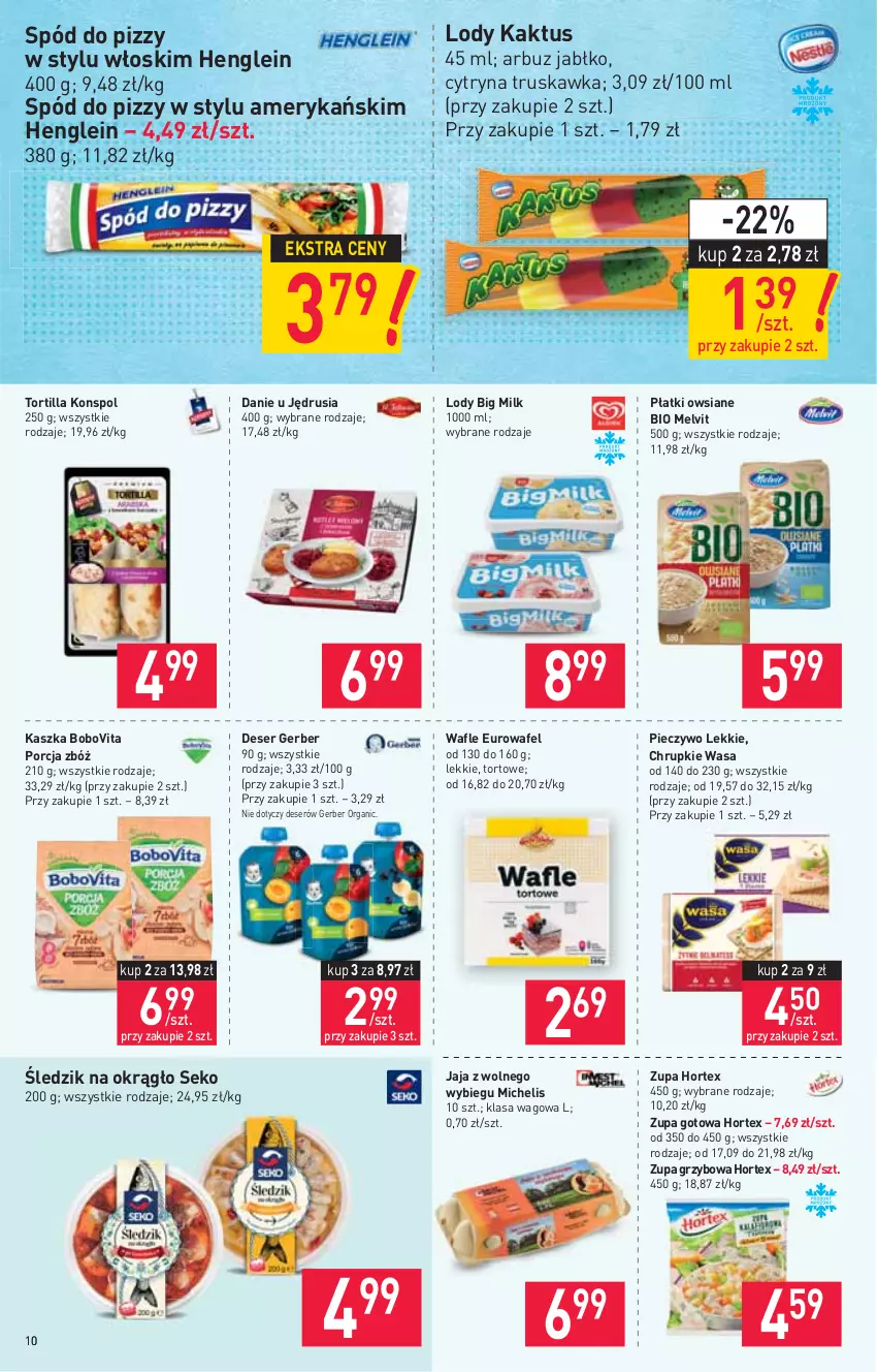 Gazetka promocyjna Stokrotka - Supermarket - ważna 02.06 do 09.06.2021 - strona 10 - produkty: Arbuz, Big Milk, BoboVita, Chrupki, Deser, Gerber, Hortex, Jaja, Jaja z wolnego wybiegu, Kaktus, Lody, Melvit, Piec, Pieczywo, Płatki owsiane, Por, SEKO, Ser, Spód do pizzy, Tortilla, Wafle, Wasa, Zupa