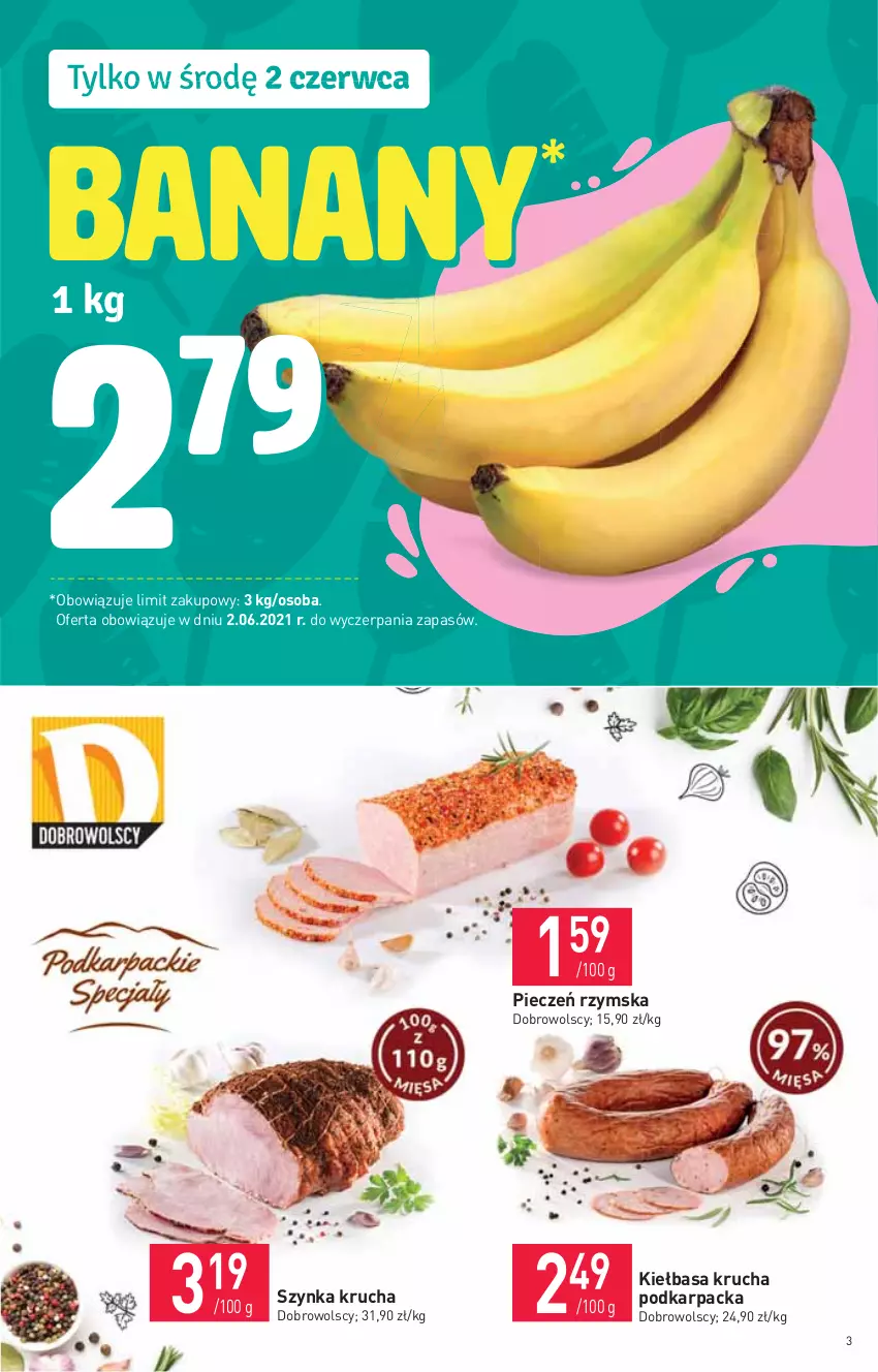 Gazetka promocyjna Stokrotka - Supermarket - ważna 02.06 do 09.06.2021 - strona 3 - produkty: Banany, Karp, Kiełbasa, Kiełbasa krucha, Piec, Pieczeń rzymska, Szynka