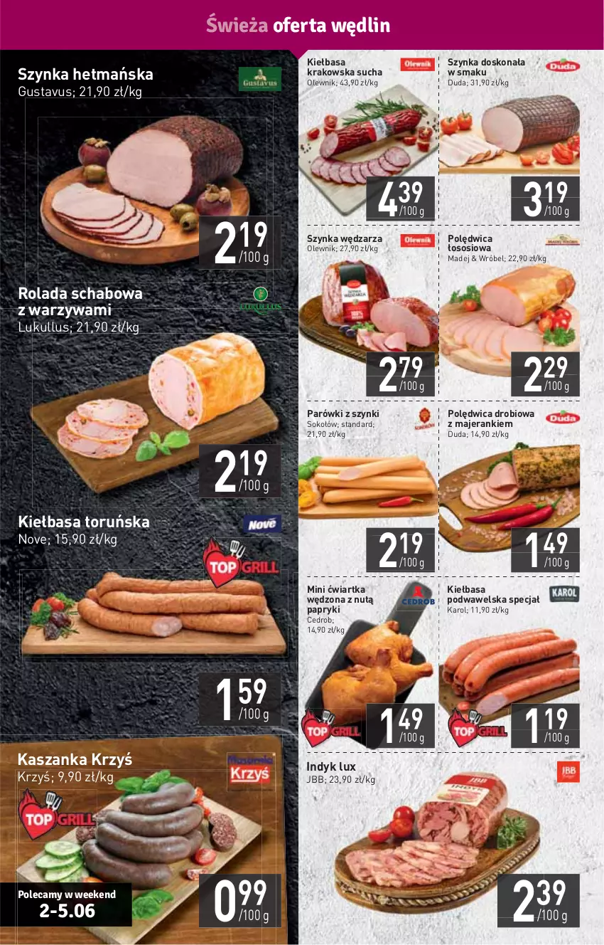 Gazetka promocyjna Stokrotka - Supermarket - ważna 02.06 do 09.06.2021 - strona 4 - produkty: Duda, HP, Indyk lux, Kasza, Kaszanka, Kiełbasa, Kiełbasa krakowska, Kiełbasa podwawelska, Olewnik, Parówki, Parówki z szynki, Polędwica, Rolada, Sok, Sokołów, Sos, Szynka, Warzywa, Wawel