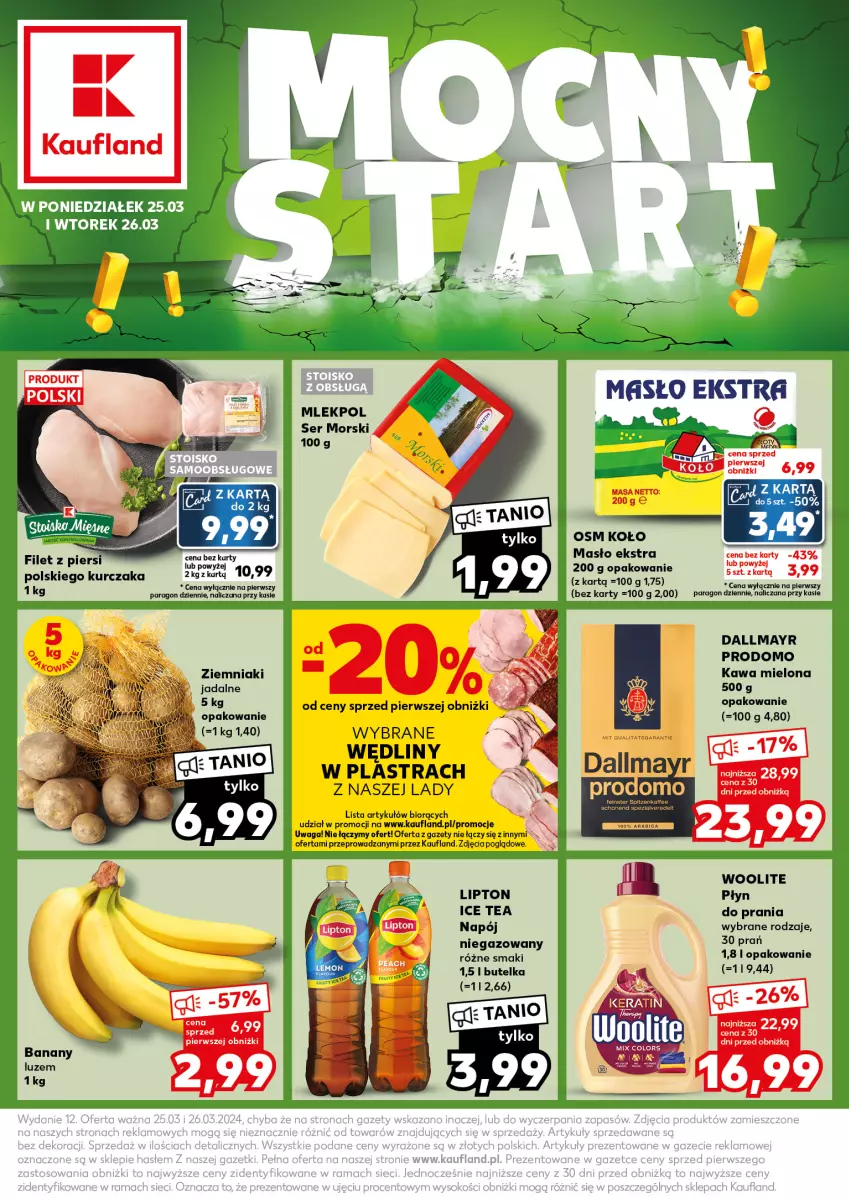 Gazetka promocyjna Kaufland - Kaufland - ważna 25.03 do 26.03.2024 - strona 1 - produkty: Dallmayr, Ice tea, Kawa, Kawa mielona, Kurczak, Lipton, Masło, Napój, Napój niegazowany, Płyn do prania, Ser, Waga, Woolite, Ziemniaki