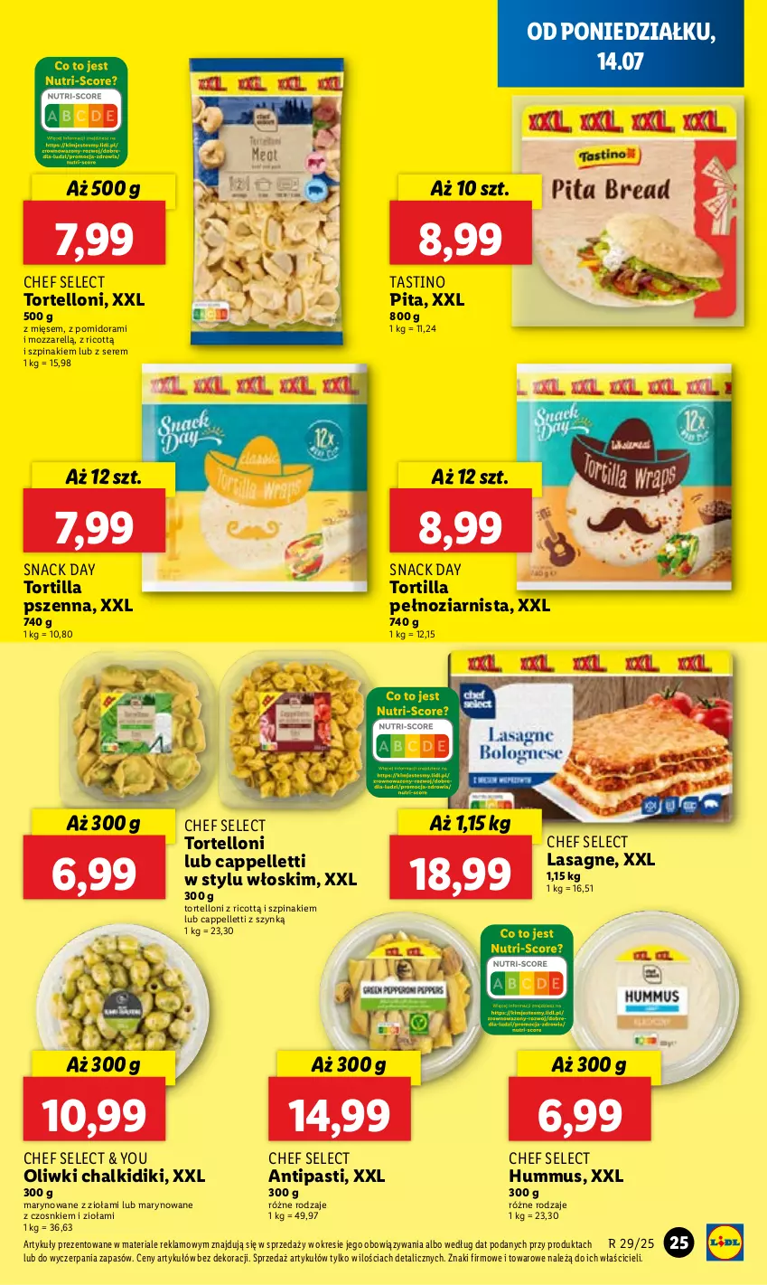 Gazetka promocyjna Lidl - GAZETKA - ważna 14.07 do 16.07.2025 - strona 29 - produkty: Hummus, Lasagne, Mus, Oliwki, Pellet, Ser, Szpinak, Tortelloni, Tortilla